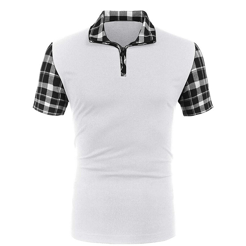 sanyamk Summer New Men's Casual Stritching Short Sleeve Polo Shirt Business Clothes Luxury Tee Male Fashion Grid Zipper Polos Tops Men