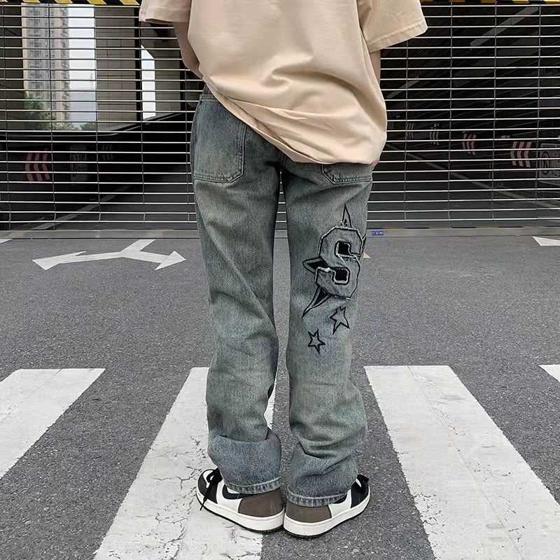 Bonsir High Street Letter Stars Embroidery Ripped Retro Mens Denim Trousers Washed Straight Oversized Loose Harajuku Jeans Pants