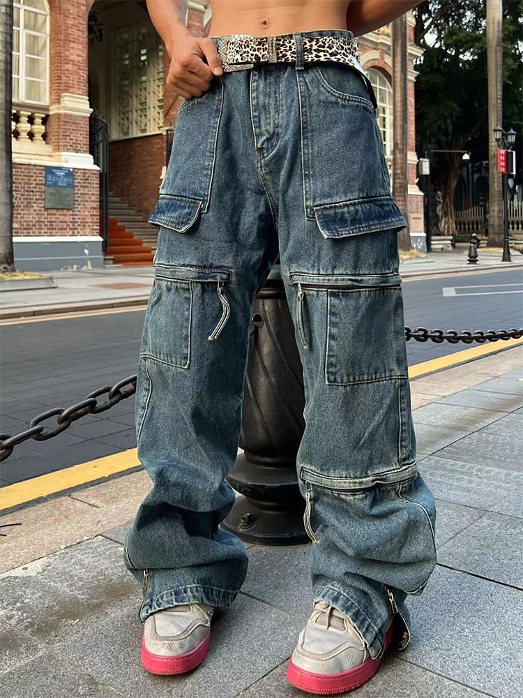 sanyamk Retro Loose Washable Jeans for Men Y2K Large Pocket Straight Sleeve Jeans Baggy Wide Leg Zipper Hip Hop Casual Pants Floor