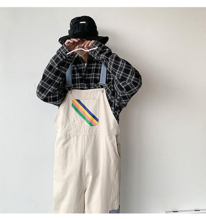 sanyamk Men Suspenders Jumpsuits Oversized Rainbow Printing Overalls Summer Straight Casual Pants Vintage Splicing Trousers Male Clothes