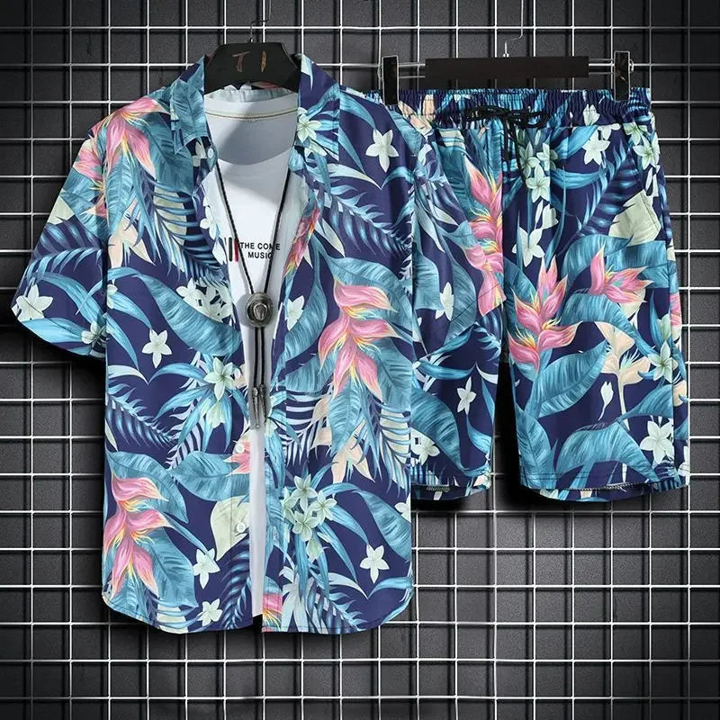 sanyamk Summer New Men Beach Clothes 2 Piece Set Quick Dry Hawaiian Shirt Shorts Set Men Fashion Clothing Printing Casual Male Outfits