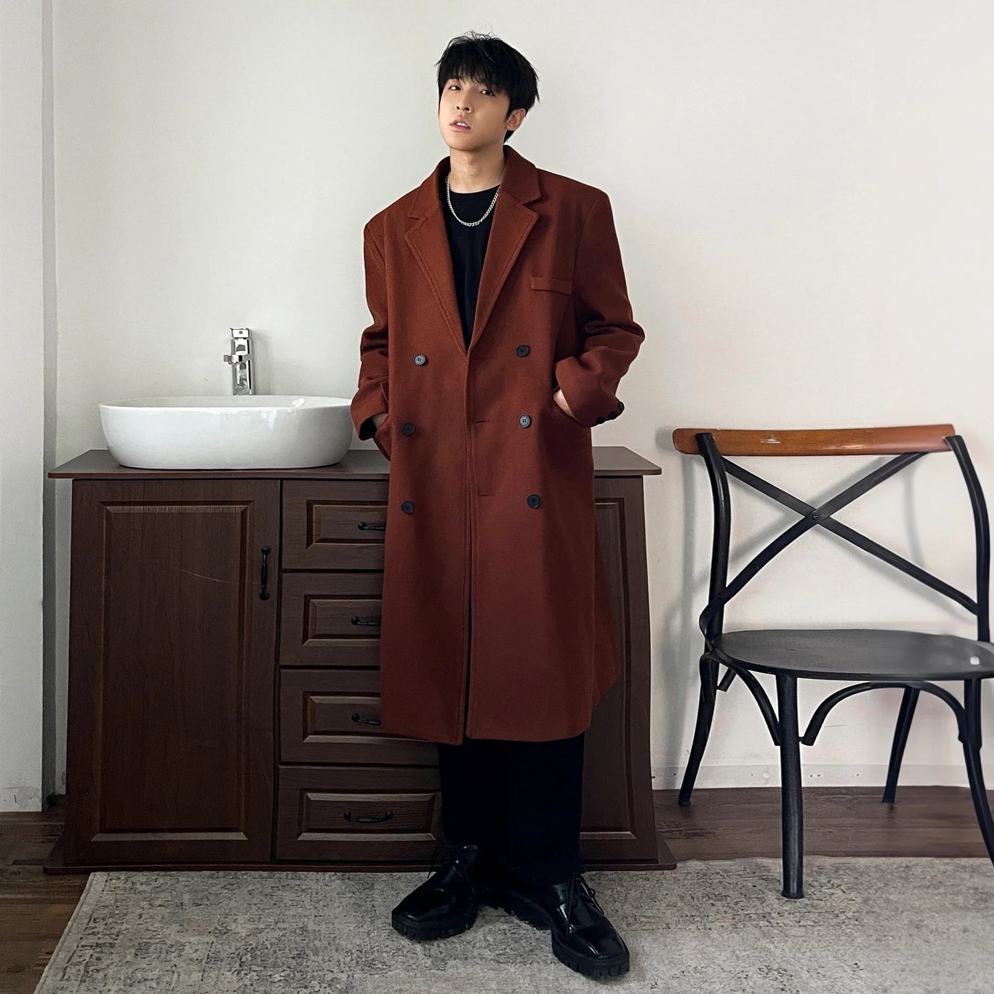 sanyamk Winter Long Trenchcoat Men Korean-style Solid Double Breasted Woolen Coat Loose Casual Trench Outwear Solid Color Overcoats