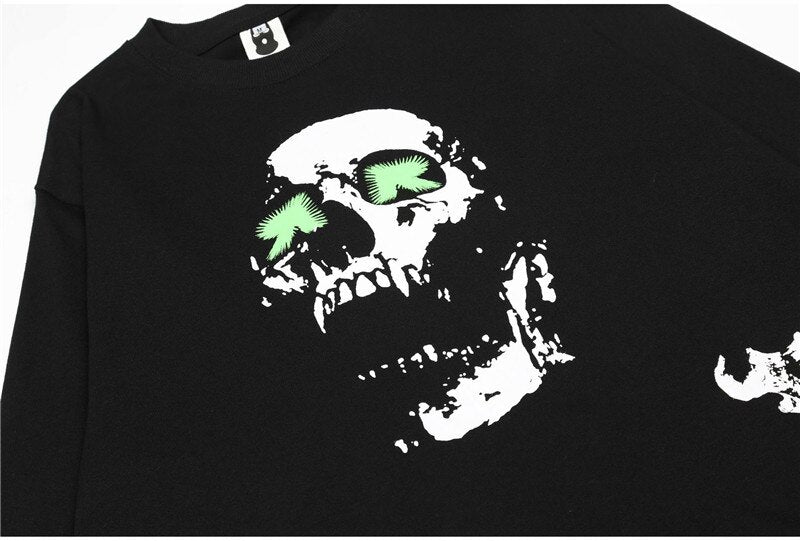 Bonsir Men's Hi Street Oversized Hip Hop T Shirt Skull Printed Streetwear Long Sleeve Tees Skeleton Tops Loose Fit O Neck