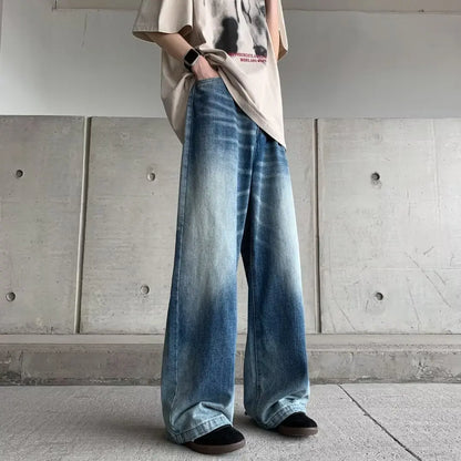 sanyamk Autumn New Tie-dye Buttons Streetwear Baggy Jeans Men Loose Mopping Pants Men's Hip Hop Casual Denim Pants Male Straight Blue
