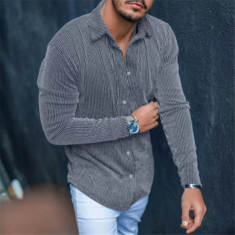 Bonsir Fall Mens Corduroy Shirt Leisure Long Sleeve Button-down Turn-down Collar Slim Tops Cardigan For Men Spring Fashion Solid Shirts