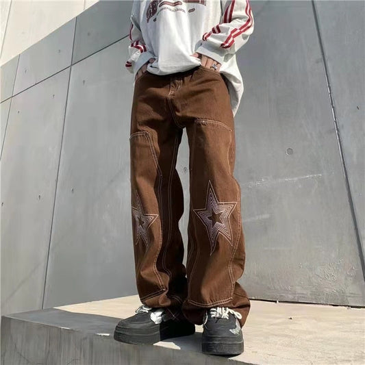 Bonsir Harajuku Patchwork Letter Stars Embroidery Ripped Mens Denim Trousers Straight Retro Washed Oversized Streetwear Baggy Jeans