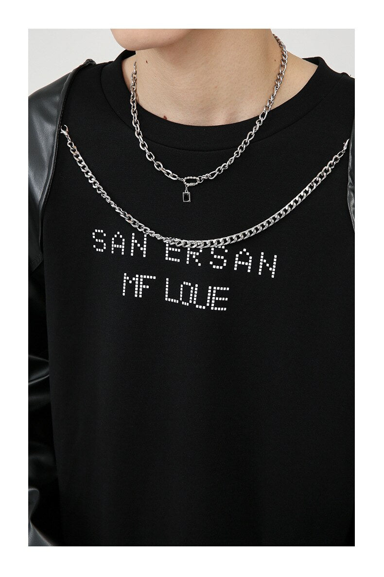 Bonsir Men Loose Letter Chain Splice Long Leather Sleeve T-shirt Male Women Korean Streetwear Fashion Hip Hop Tees Shirts Couple Tshirt