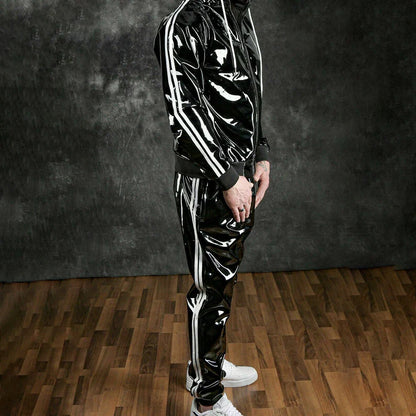 sanyamk Men's Hooded Fashion Pu Bright Leather Sports Suit Autumn New Striped Patent Leather Hooded Jacket Straight-Leg Pants Suits