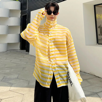 sanyamk 2024 Spring Summer Stylish Loose Stripe Translucent Design Casual Shirt Jacket Men's Sunscreen Clothes Tops Beach