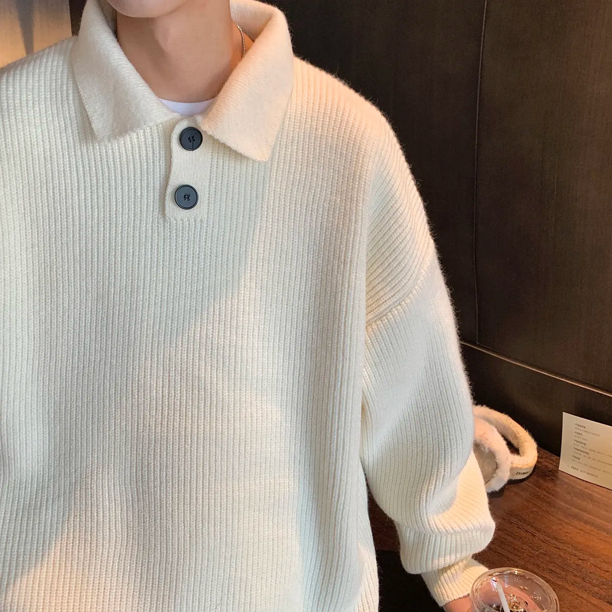 Bonsir Winter Men's Sweater Solid Color Turn-down Collar Sweater Pullover Oversize Harajuku Streetwear Knitwear Men Clothing