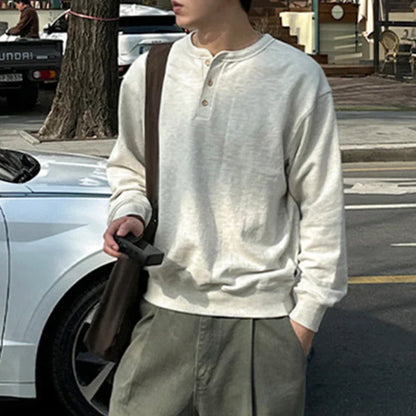 sanyamk  -  Niche Style Men's T-shirts Round Collar Button Loose Solid Color Pullover Male Casual Tops New Simple Autumn 2024 9C6618