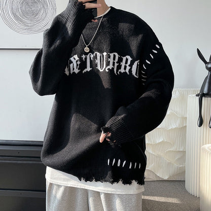 Bonsir High Street Ripped Men's Sweater Loose Fashion Brand Unisex Knitted Pullovers Round Neck Letter Autumn Knitwear