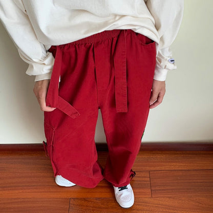 sanyamk Red Black Cotton Cargo Pants Men Fashion Pocket Casual Pants Men Japanese Streetwear Hip Hop Loose Straight Pants Mens Trousers