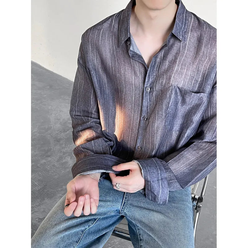 sanyamk Spring Summer Ice Silk Striped Shirts Men Korean Fashion Simple Long Sleeve Turn Down Collar Blouse Casual Loose Thin Tops