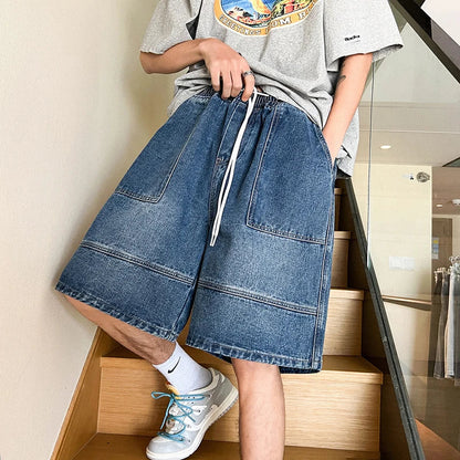 sanyamk Summer New High Street Casual Versatile Denim Capris Elastic Waist Men's Korean Style Loose Wide Leg Large Pocket Shorts