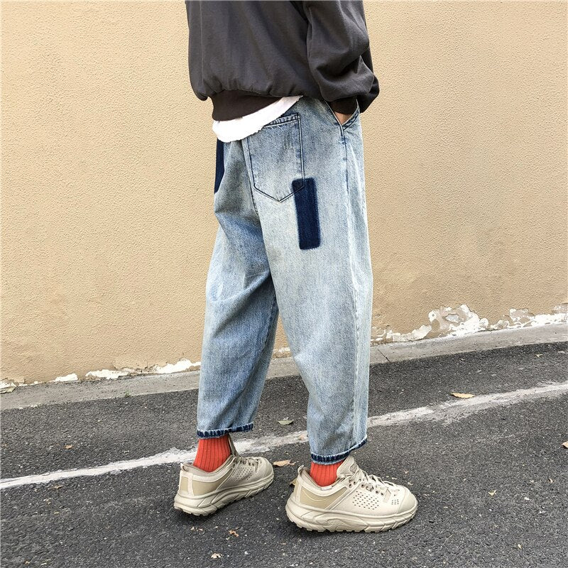 Bonsir Spring Harem Pants Men's Jeans Men Harajuku Vintage Patch Jean Pants Casual Denim Pants Hip Hop Male Ankle-length Trousers