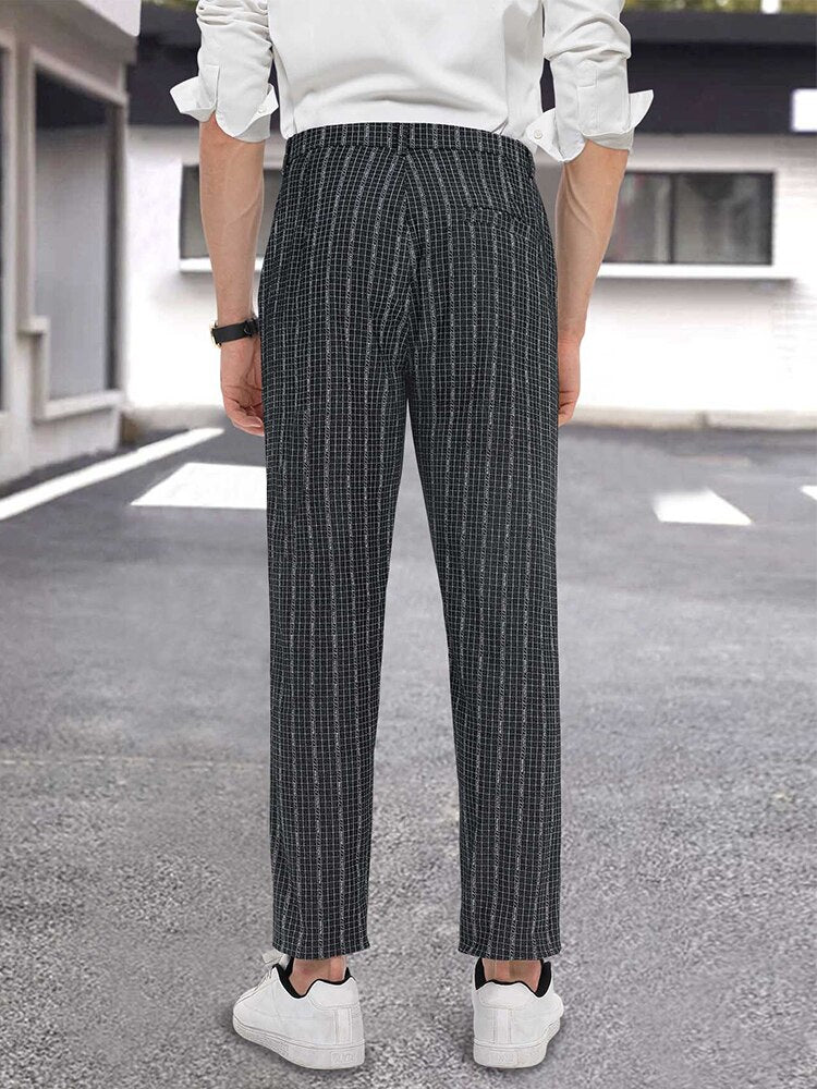 Bonsir Vintage Men Plaid Print Pants Autumn Casual Buttoned Mid Waist Straight Trousers Mens Fashion Striped Long Pant Male Streetwear