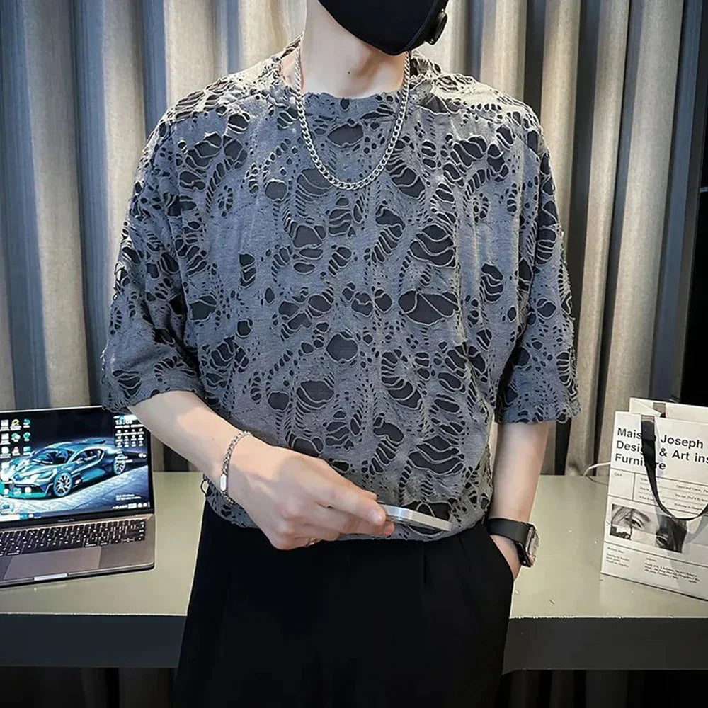 Bonsir Korea Fashion Streetwear Lace Hole Tops Summer T Shirts Party Club Sexy Tops Mens Clothing Ripped Hollow Short Sleeve T Shirt