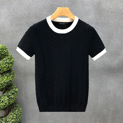 sanyamk Fashion Jacquard Knitted T-shirts For Men Summer short sleeved O-neck Contrast Color Patchwork Thin Tee Tops Casual Knitwear