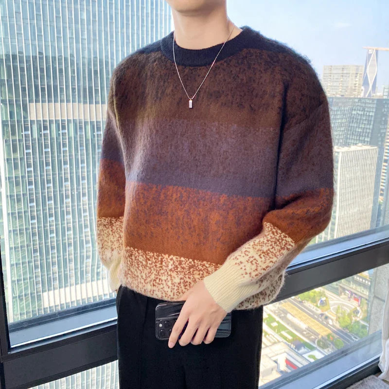 Bonsir Autumn Winter Fashion Mens Sweaters Velvet Thick Long Sleeve Knit Jumper Gradient Colors Striped Patckwork Sweater Pullovers Man