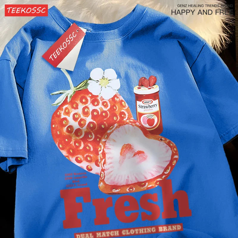 sanyamk  Fresh Strawberry American Retro Creative Printed Short Sleeved T-shirt Men Women Trendy Brand Loose Versatile Half Sleeved Shirt