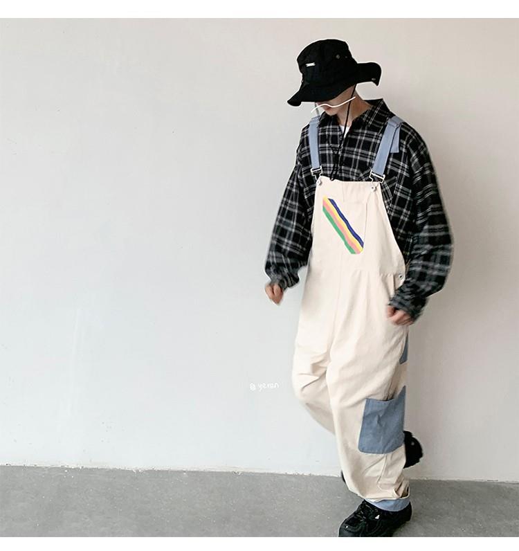 sanyamk Men Suspenders Jumpsuits Oversized Rainbow Printing Overalls Summer Straight Casual Pants Vintage Splicing Trousers Male Clothes