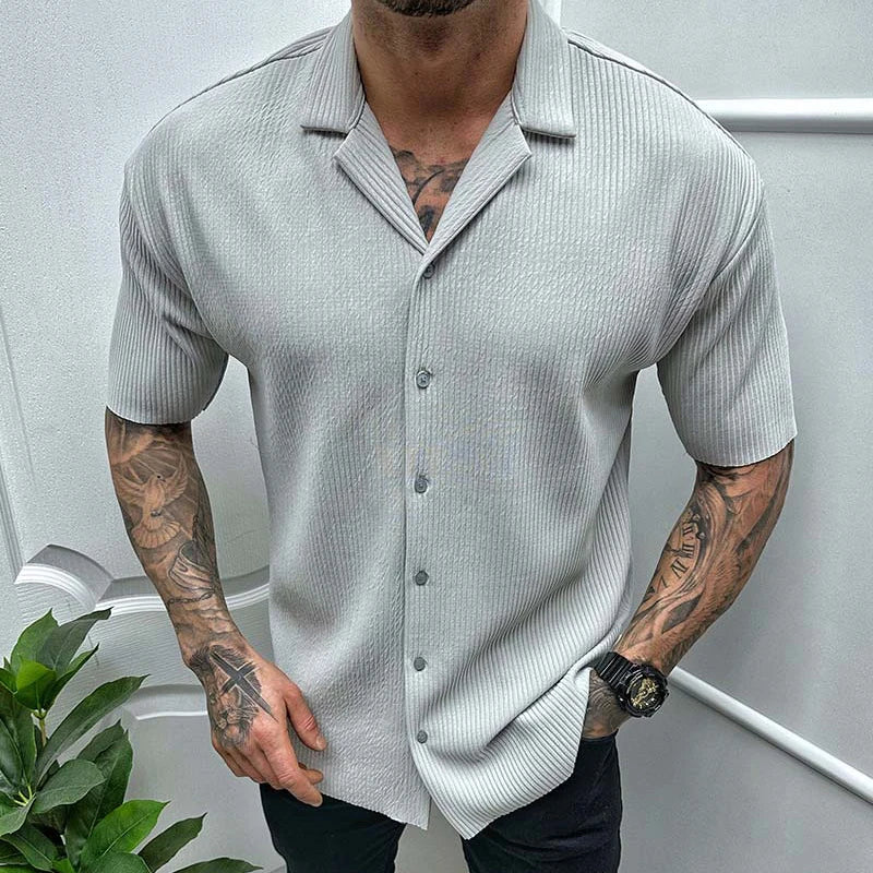 sanyamk Leisure Solid Color Ribbed Shirts Men Clothes Fashion Short Sleeve Lapel Button Shirt 2023 Spring Summer Men's Casual Streetwear