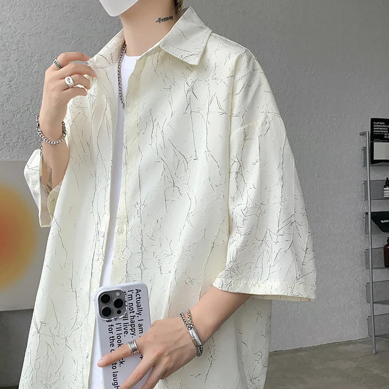 Bonsir White/Black Men Shirt Texture Lapel Short Sleeve Korean Casual Shirts 2024 High Quality Streetwear Summer Leisure Men Clothing