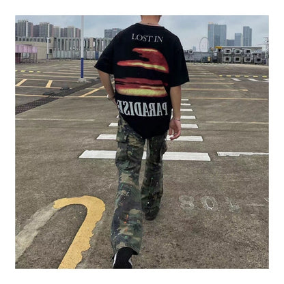 Bonsir Men's Streetwear Camouflage Printing Casual Pants Washed Hiphop Style Trousers Slim Fit Green Color Sweatpants Size S-4XL