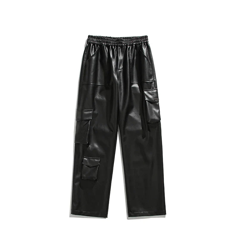 sanyamk Black Leather Pants Men Oversized Retro Pocket Cargo Pants Men Streetwear Hip-hop Loose Wide Leg Pants Mens Motorcycle Trousers