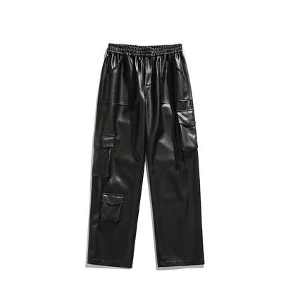 Bonsir Black Leather Pants Men Oversized Retro Pocket Cargo Pants Men Streetwear Hip-hop Loose Wide Leg Pants Mens Motorcycle Trousers