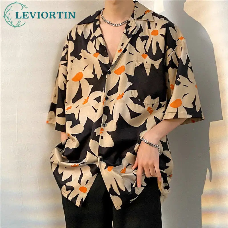 sanyamk Men's Light Mature Summer Beach Thin Blouse Shirt Hip Hop Versatile Casual Short Sleeve Fashion Male Loose Flower Print Shirts