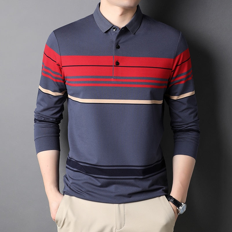 sanyamk Top Grade New Fashion Designer Brand Simple Mens Polo Shirt Trendy With Long Sleave Stripped Casual Tops Men Clothes