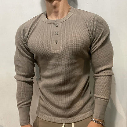 sanyamk 315g New Sports Leisure Solid Fitness Tshirts Heavy American Retro T-shirt Cotton Show Figure Waffle Slim Men Henry Collar Tops