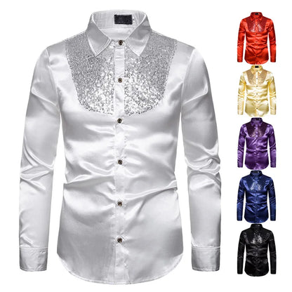 sanyamk Men's Shirt Sequin Lapel Solid Color Slim Fitting Business Casual For Wedding Banquet Performance Men Suit Long Sleeved Shirt
