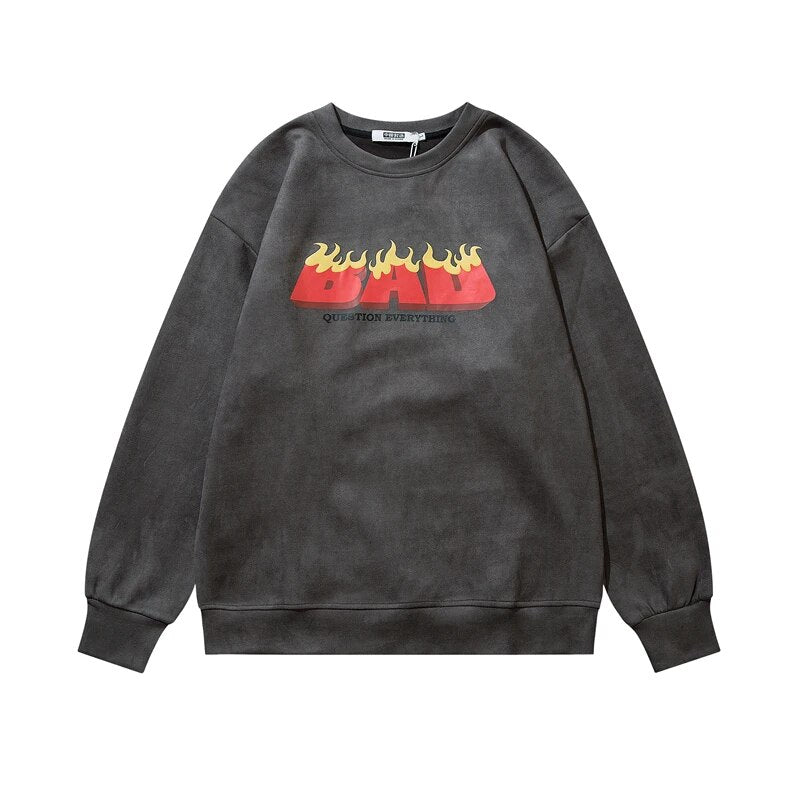 sanyamk new spring and autumn flame print sweater men and women streetwear hip hop loose round neck pullover black gray brown