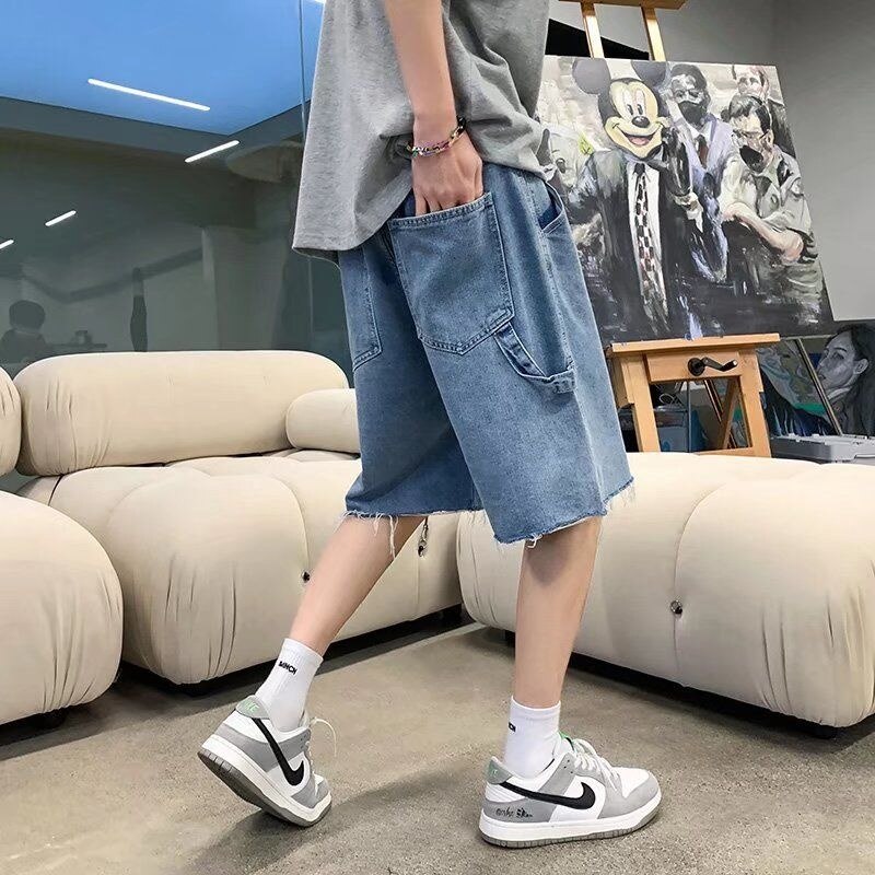 sanyamk Summer Blue Denim Shorts Men Fashion Retro Casual Straight Denim Shorts Mens Streetwear Loose Hip Hop Cargo Jeans Shorts Men