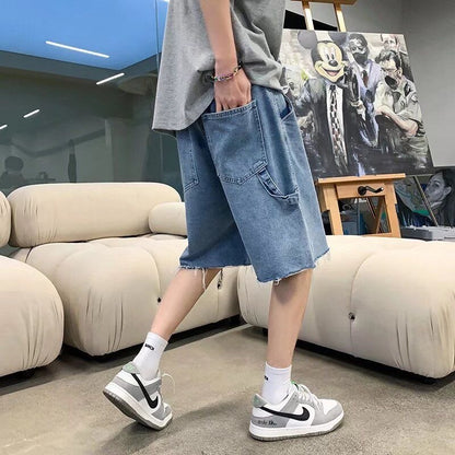 Bonsir Summer Blue Denim Shorts Men Fashion Retro Casual Straight Denim Shorts Mens Streetwear Loose Hip Hop Cargo Jeans Shorts Men