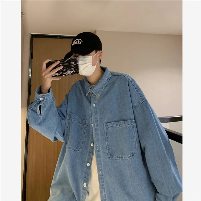 sanyamk Autumn ins high street cowboy shirt men's design inside couple simple long sleeve outside Lapel shirt Denim camisa jeans