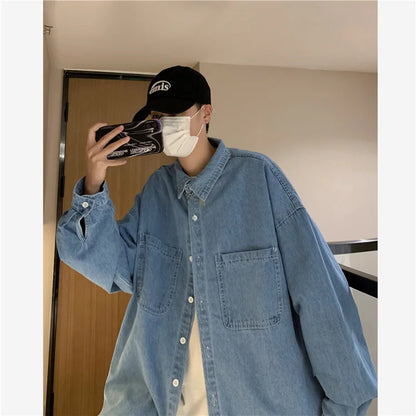 sanyamk Autumn ins high street cowboy shirt men's design inside couple simple long sleeve outside Lapel shirt Denim camisa jeans