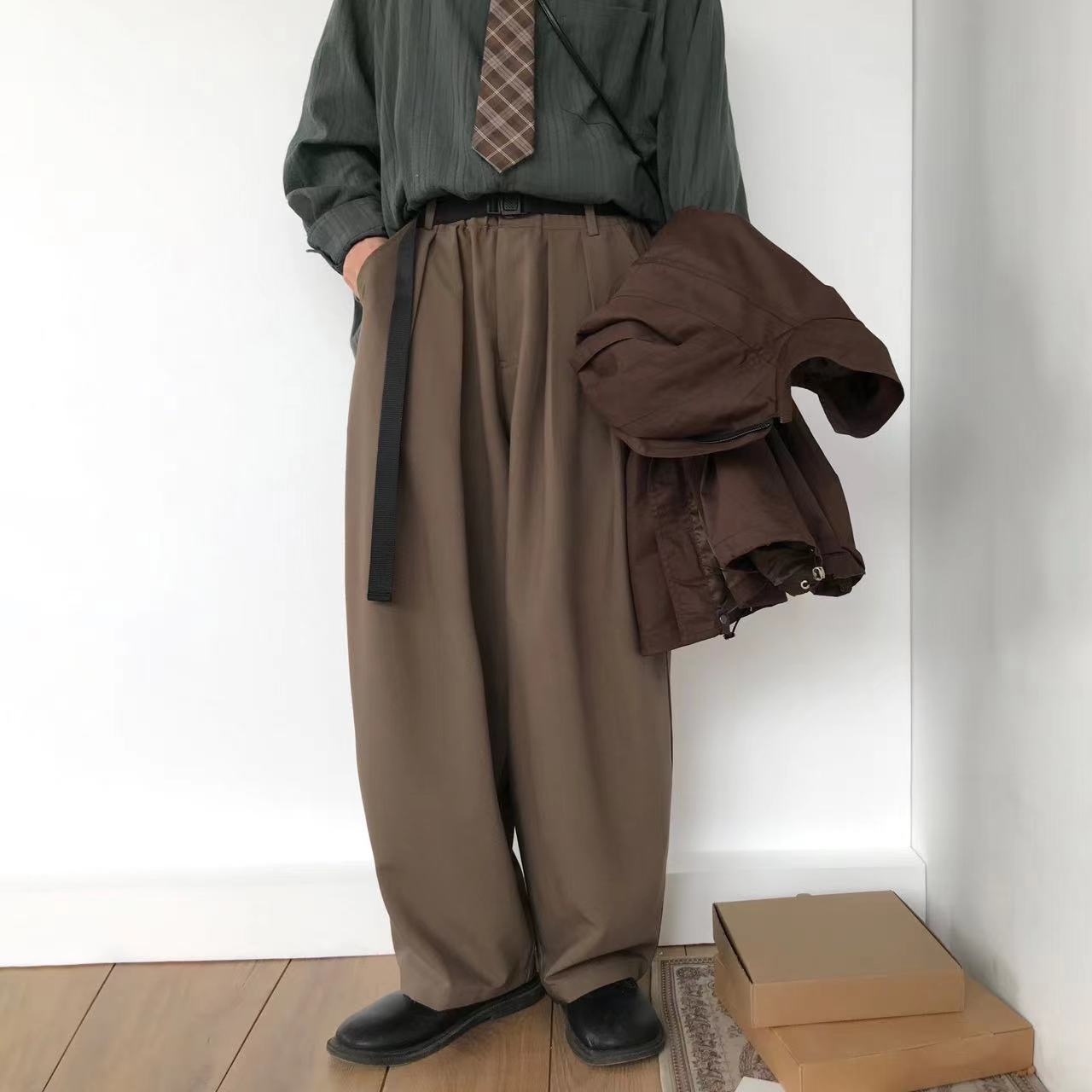 sanyamk Men's Send Belt Simple Loose Straight Casual Pants Fashion Trend Male Trousers Retro Coffee Color Wide Leg Pants M-3XL