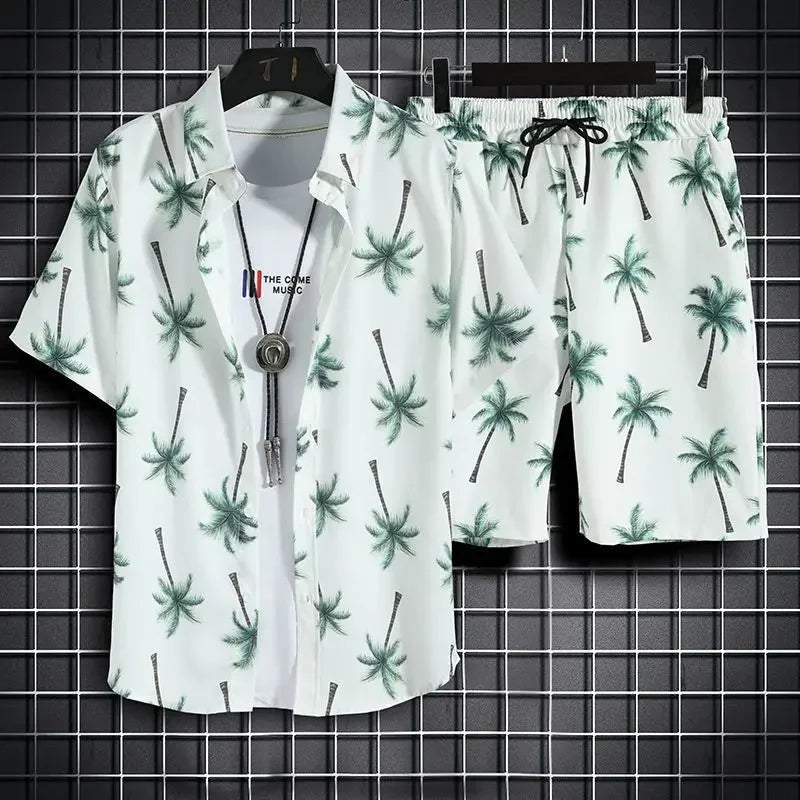 sanyamk Summer New Men Beach Clothes 2 Piece Set Quick Dry Hawaiian Shirt Shorts Set Men Fashion Clothing Printing Casual Male Outfits