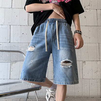 sanyamk American Washed Vintage Jean Short Man Loose Hollow Hole Distressed Denim Short Pants Men Summer Streetwear Y2k Shorts