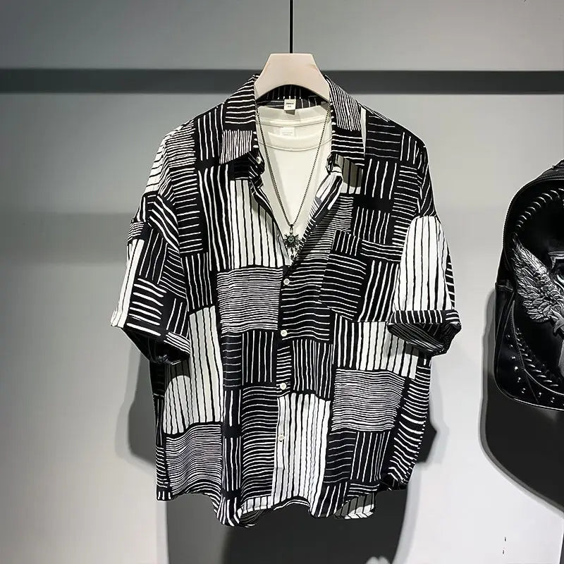 sanyamk New Summer American Style Trend Patchwork Striped Lapel Color Matching Retro Art High-end Feeling Loose Casual Men's Shirt