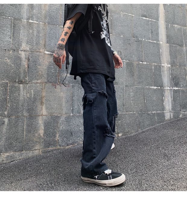 Bonsir High Street Dark Personality Destroys Raw Edge Fake Two Trendy Jeans Ripped Harajuku Punk Wide-leg Straight Denim Pants Black