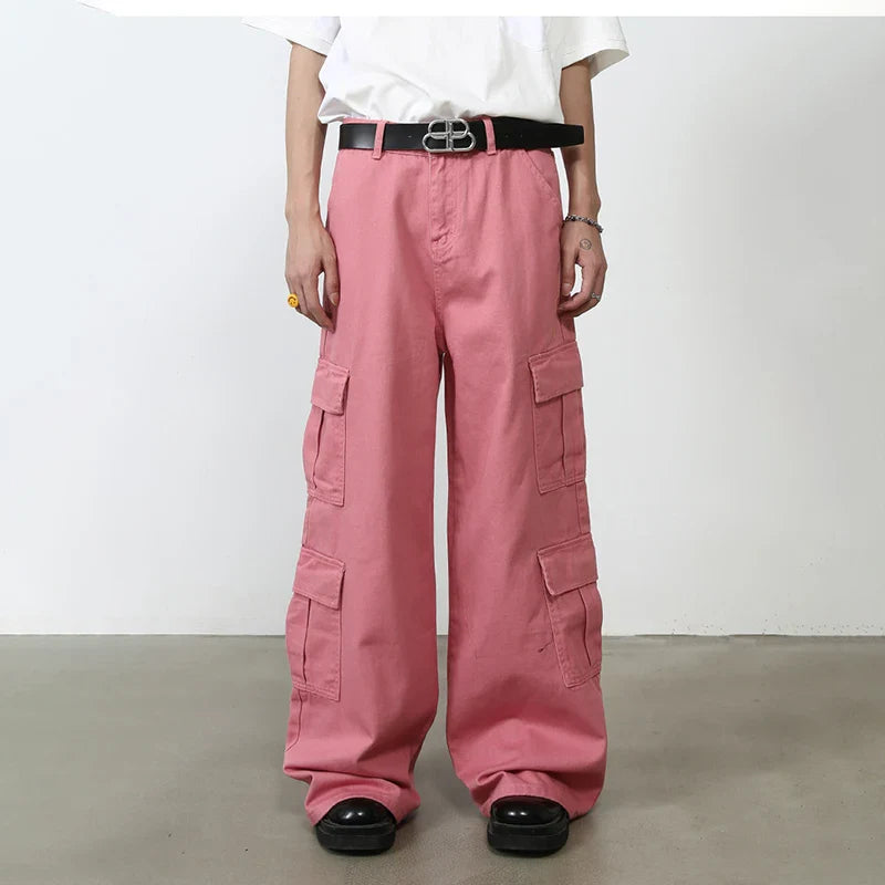 sanyamk Pink Cargo Jeans Pants Men Oversize Wide Leg Denim Trousers Male Loose Casual Japanese Streetwear Hip Hop Pocket