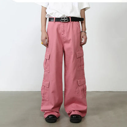 sanyamk Pink Cargo Jeans Pants Men Oversize Wide Leg Denim Trousers Male Loose Casual Japanese Streetwear Hip Hop Pocket