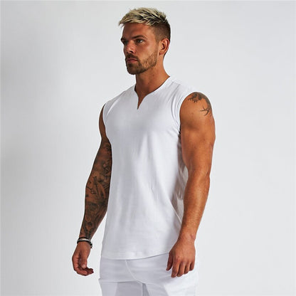 sanyamk Summer Plain Cotton Fitness Mens Gym Tank Top Curved Hem V neck Gym Stringer Vest Bodybuilding Clothing Muscle Sleeveless Shirt