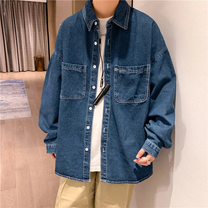 sanyamk Autumn ins high street cowboy shirt men's design inside couple simple long sleeve outside Lapel shirt Denim camisa jeans
