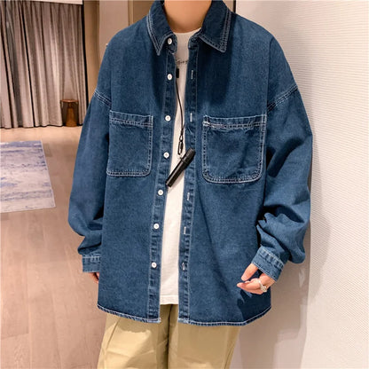 sanyamk Autumn ins high street cowboy shirt men's design inside couple simple long sleeve outside Lapel shirt Denim camisa jeans